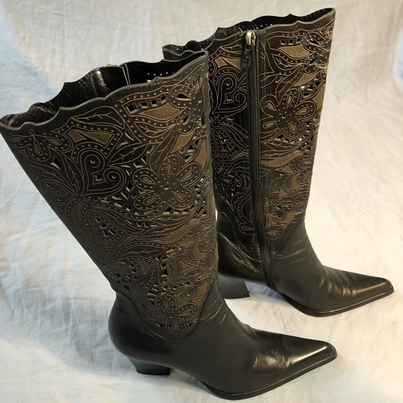 Vero Cuoio Franco Paolucci Black Italian Leather Filigree Cut Out Heeled Boots - Picture 1 of 9
